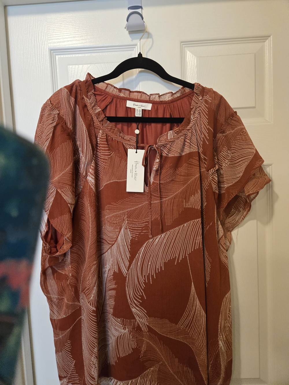 Rust Feather-Print Peasant Blouse with Tie Neck - Picture 7 of 8